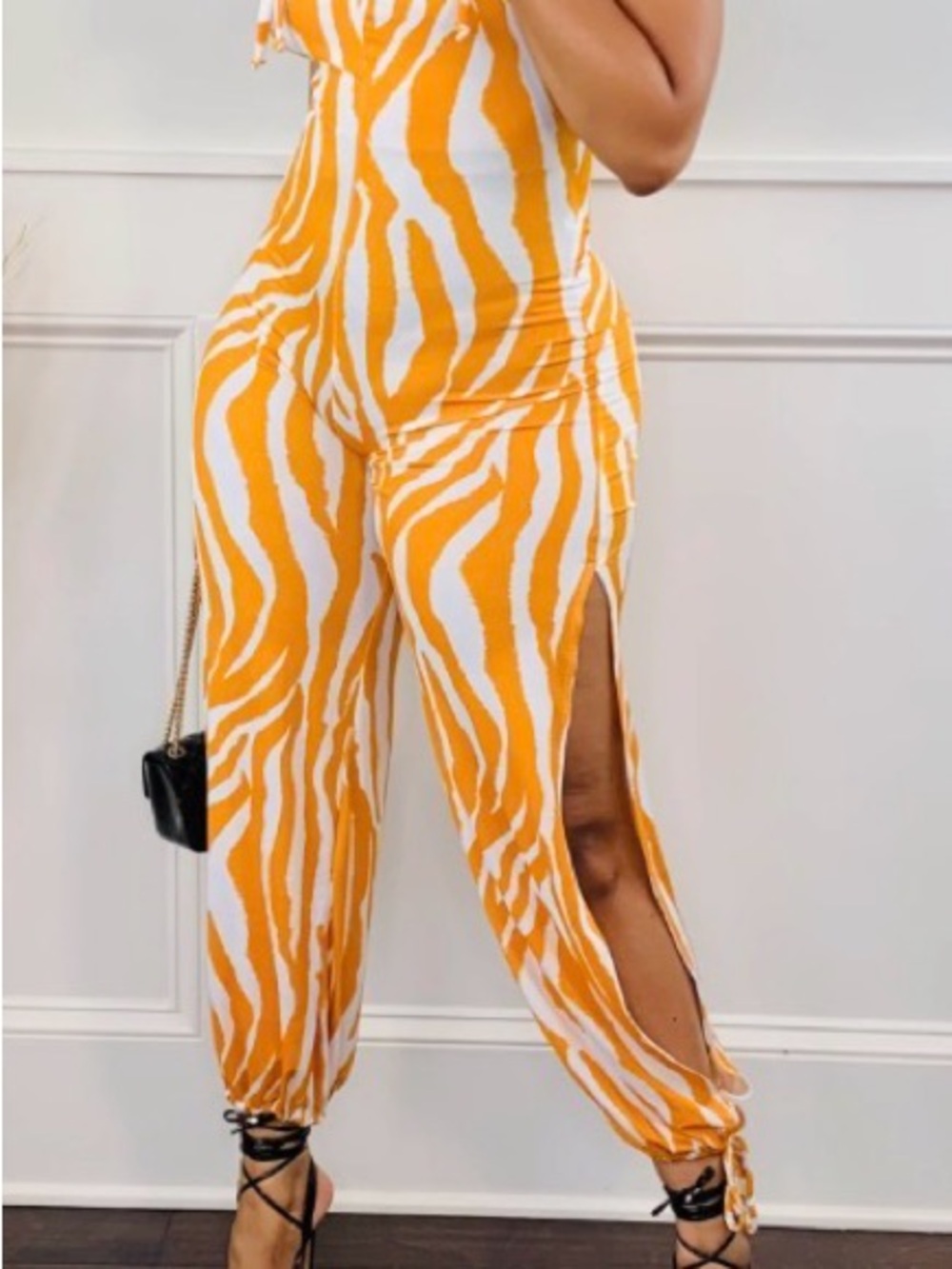 High-Waist Orange Zebra Print Jumpsuit with Side Slits